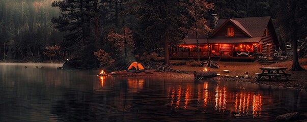 Cozy log cabin by a lake in a forest at dusk, with glowing lights, a campfire, and a tent. Tranquil autumn evening scene.