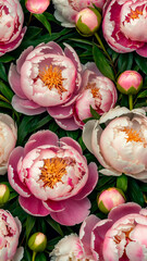 Bright Pink Peonies pattern in vertical design 9:19 for wallpaper.