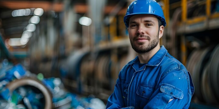 Confident worker in blue uniform at recycling facility. Concept Recycling Facility, Worker in Blue Uniform, Confident Pose