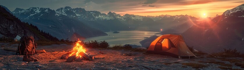 Scenic mountain campsite with tent and campfire overlooking a serene lake under a vibrant sunset,...