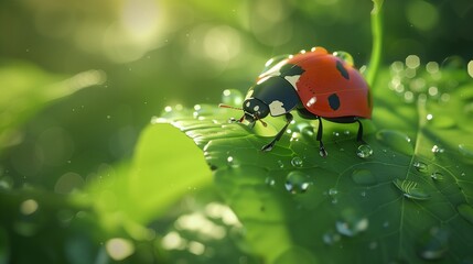 a ladybug on a green leaf, perfect lighting, highly detailed,