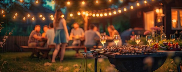 A cozy backyard barbecue gathering with friends, featuring grilled food, string lights, and a festive atmosphere in the evening.
