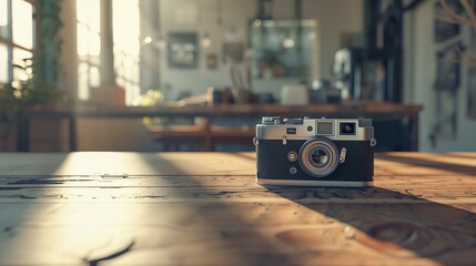 A highly detailed image of a vintage camera on a wooden table with natural light streaming