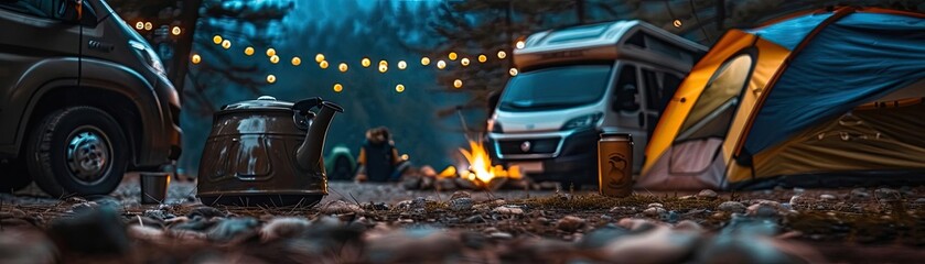 Camping scene with tents and camper vans under string lights, cozy atmosphere with campfire in a forest setting during twilight.