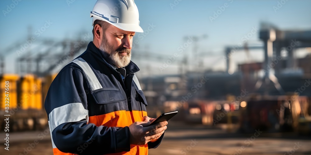 Poster engineer using tablet on construction site for project management and communication. concept constru