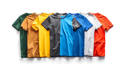 Colorful t-shirts hanging on wooden hangers against gray background, Four T-Shirts on Blue Background - Simple and Stylish Shirt Collection

