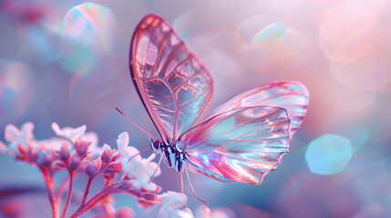 Iridescent butterfly on a delicate flower with soft pastel background
