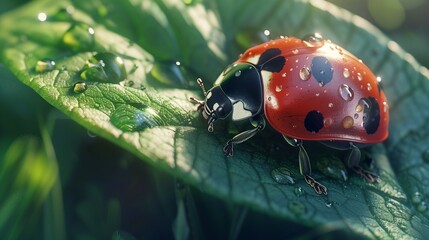 a ladybug on a green leaf, perfect lighting, highly detailed,