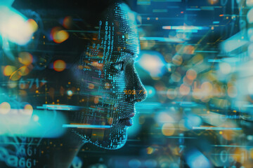 double exploser of female face with digital codes