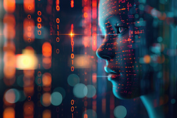 double exploser of female face with digital codes