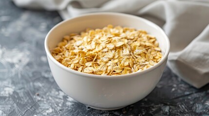 Close up view of a white bowl on a grey table holding tasty yellow porridge cereals