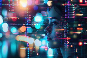 double exploser of female face with digital codes