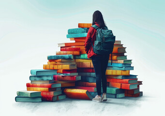Student with Backpack Standing in Front of Colorful Pile of Books, Minimalist Education Concept, Learning, Knowledge Journey,  Illustration