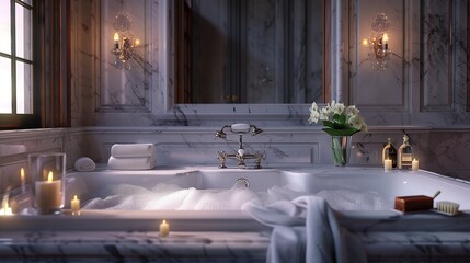 a luxurious bathroom with a marble bathtub, elegant fixtures,