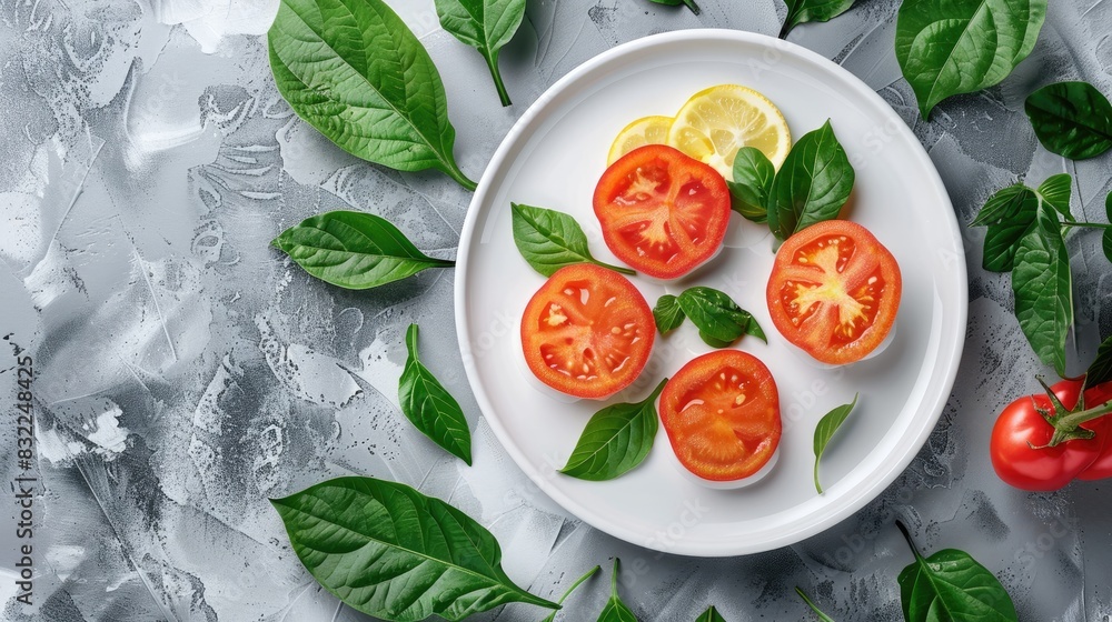 Poster sliced red peppers on a minimal background with a white plate of fruit surrounded by leaves in matte