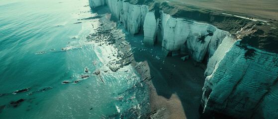 a drone shot over a beautiful white cliffs, cinematic, photorealistic, 
