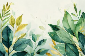 a Watercolor waterpaint adorned with defocused green leaves and yellow leaves arrangement for banner advertisement, adding a touch of allure and vibrancy to marketing visuals.