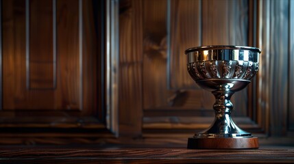 Elegant silver trophy gleaming against sophisticated dark wooden panel background