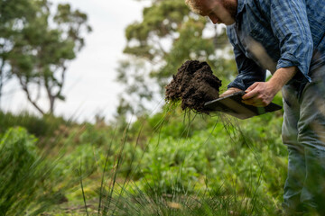 farmer holding soil on her hands on a farm looking after the health of the earth in spring in australia