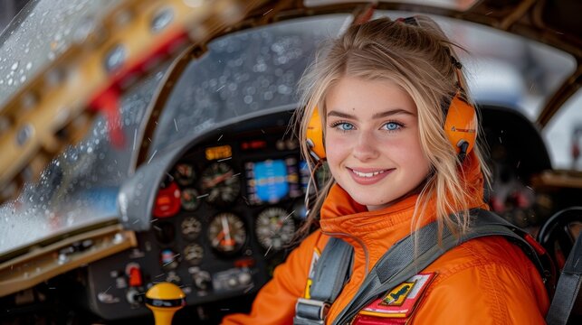 Excited female military pilot smiling with joy inside aircraft, displaying exhilaration