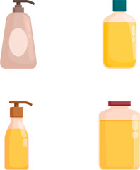 Collection of various liquid soap, dispenser, and shampoo bottles in a flat design