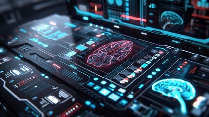 Obraz premium A high-tech neuro-modulation device, part of a neural implant system, displayed on a sleek, modern interface with holographic projections of its functions.