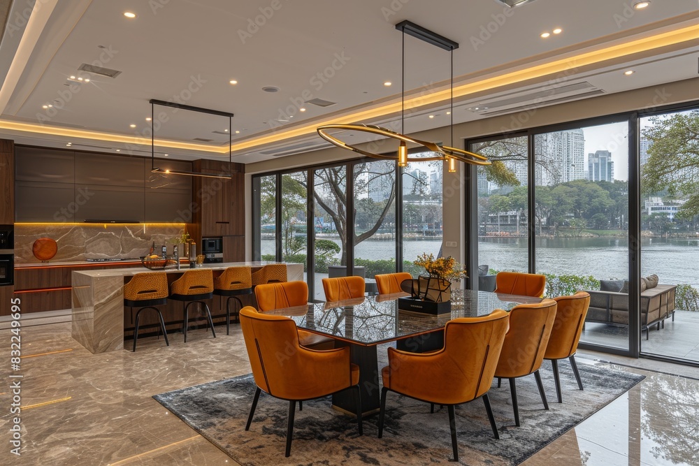 Poster luxurious dining room with elegant decor and large windows creating a sophisticated and inviting spa