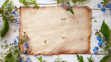 Blank vintage paper surrounded by blue flowers and green leaves on rustic wood