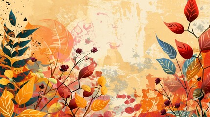 Nature's serene beauty: colorful leaves on delicate branches creating a natural frame against a warm toned background