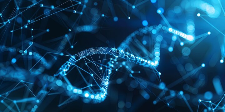 Glowing DNA Strands on Technological Background