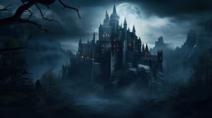 Fototapeta premium Spooky old gothic castle, foggy night, haunted mansion