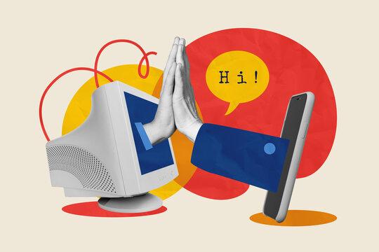 Composite photo collage of hands give high five gesture hello hi partners pc iphone device distant greeting isolated on painted background