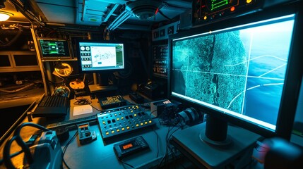 A high-tech sonar system used for deep-sea exploration, displayed in operation on a research ship's monitoring station, mapping the seabed in unprecedented detail.