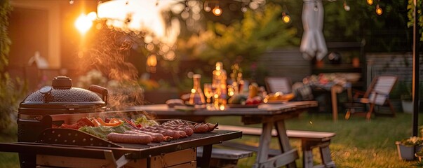 Outdoor barbecue with variety of grilled food during sunset. Warm, inviting garden setup for a cozy summer evening gathering.