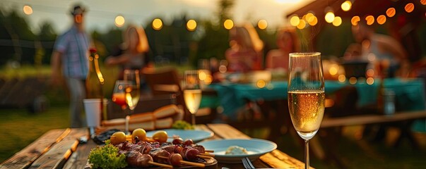 Outdoor summer evening party with dining setup, wine glasses, food, and guests enjoying a festive atmosphere under string lights.