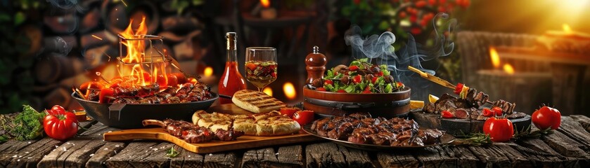 A rustic outdoor dining scene with grilled meat, fresh salads, bread, and condiments on a wooden table, set against a cozy bonfire background.