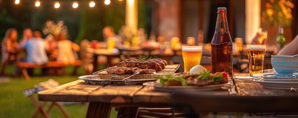 Cozy outdoor barbecue with grilled food, drinks, and friends at dusk, enjoying a summer evening in the backyard with festive lights.