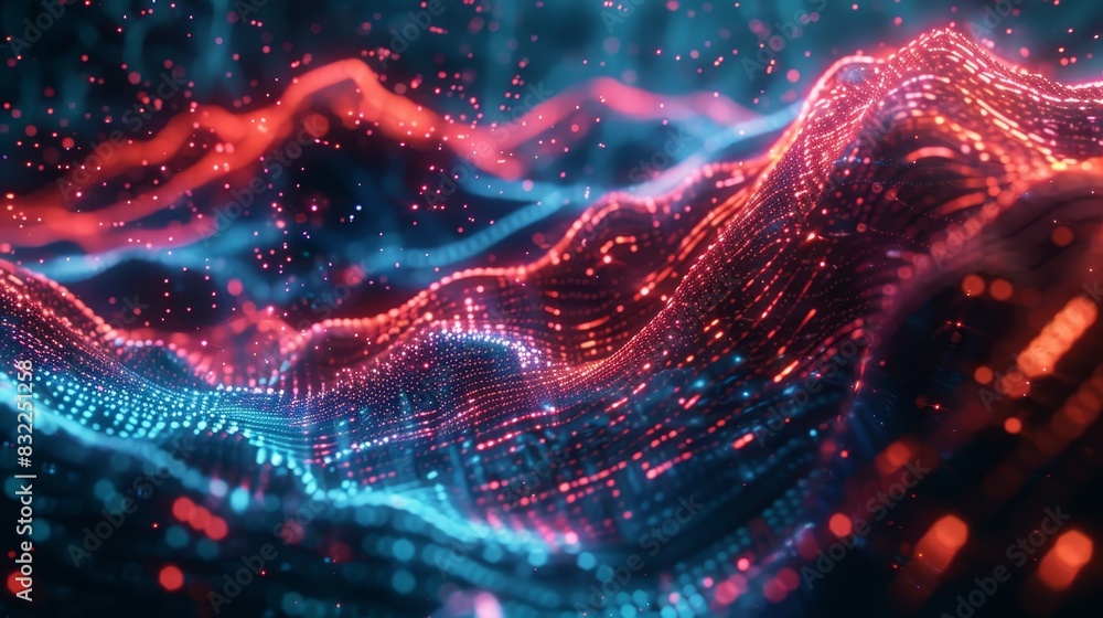 Poster a stunning 3d rendering depicting abstract glowing waves of red and blue light particles, representi