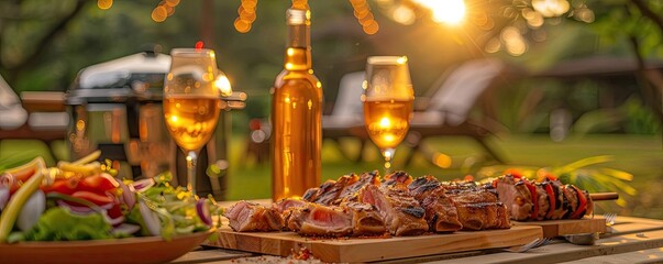 Outdoor BBQ setup with skewers, beverages, and a salad against a sunset backdrop, capturing the essence of summer dining.