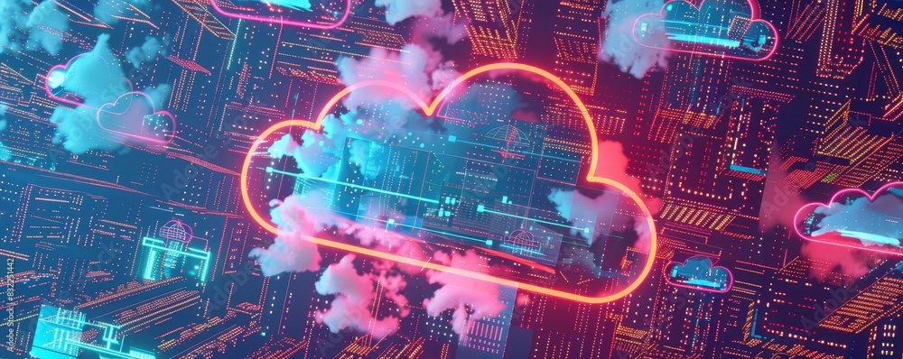Poster a vibrant representation of cloud computing technology with digital elements and a neon cloud shape,