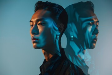 Fashion magazine photo of Asian male model with artistic lighting and reflections