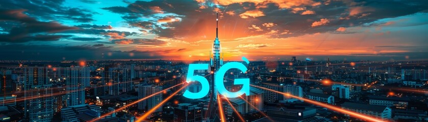 Obraz premium A vibrant city skyline illuminated at sunset with a 5G network symbol, representing advanced wireless technology and high-speed connectivity.