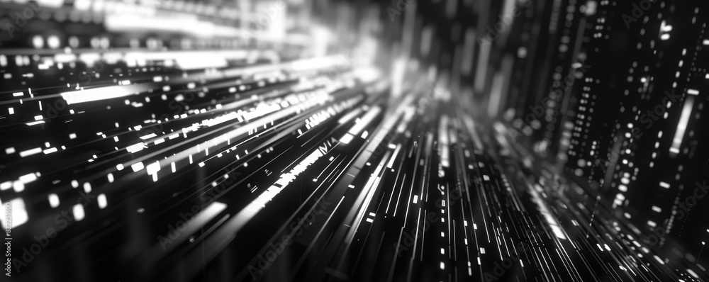 Poster abstract black and white background with futuristic light streaks, representing data flow and digita