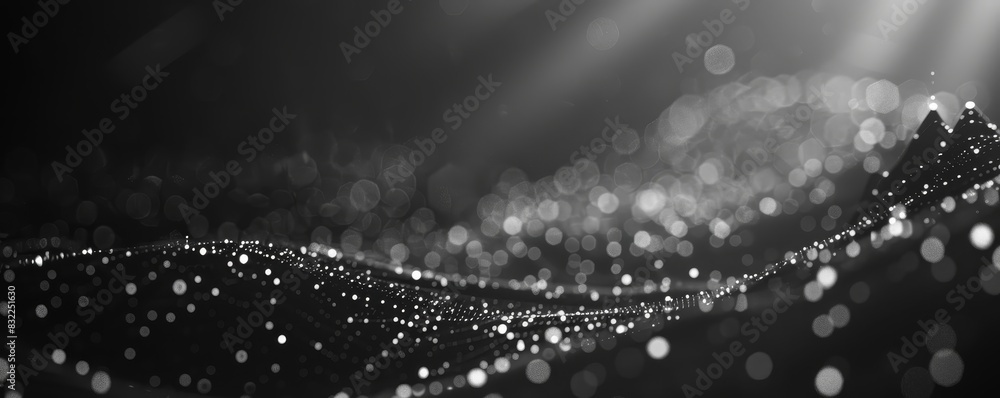 Poster abstract black and white digital landscape with glowing particles, representing data flow and techno