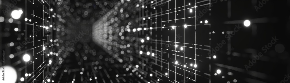 Poster abstract black and white digital grid with glowing lights representing futuristic technology and dat