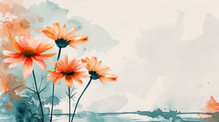 Abstract Floral Watercolor Artwork with Vibrant Orange Daisies