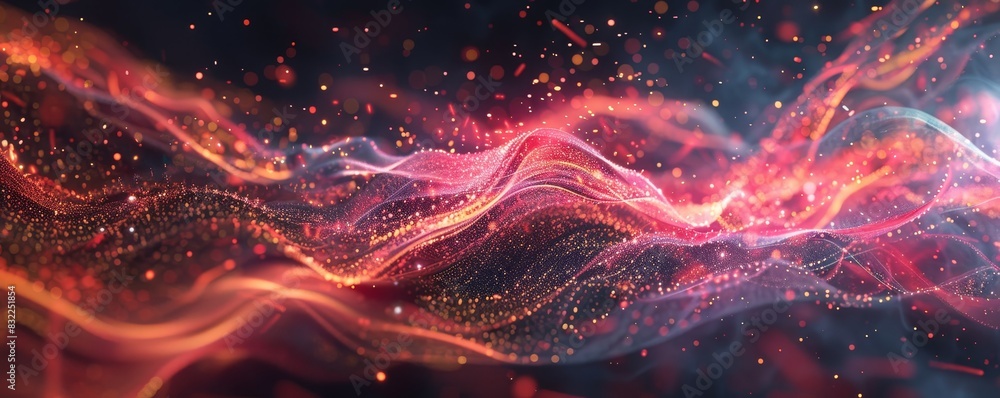 Poster abstract digital art featuring vibrant red and pink light trails with a dynamic, energetic flow and 