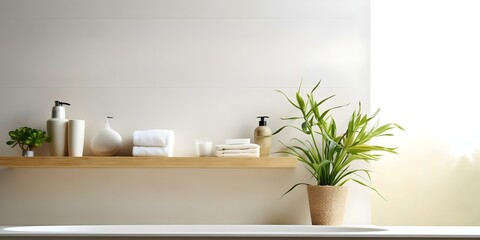 White bathroom products arranged on wall shelf at an angle. Concept Bathroom Decor, White Products, Wall Shelf, Organization, Interior Design