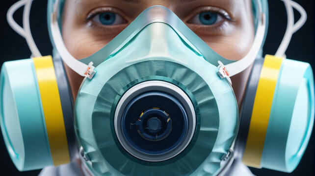 Close-up of a respiratory mask worn by individuals to protect against airborne viruses, symbolizing the precautions taken in the face of biological threats, Generative AI