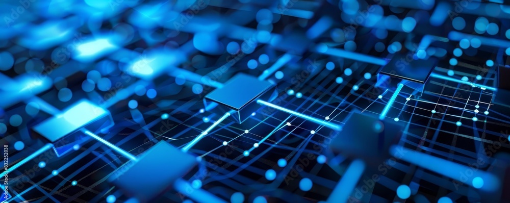 Poster abstract digital blue circuit board with interconnected lines and glowing elements, representing fut
